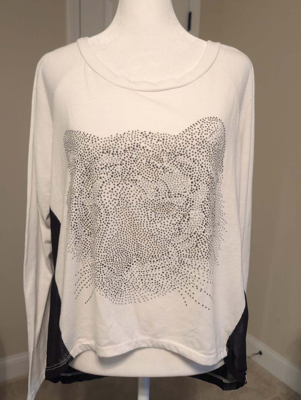White Long-Sleeve Top with Black Lion  Dot Design and Sheer Black Contrast Back